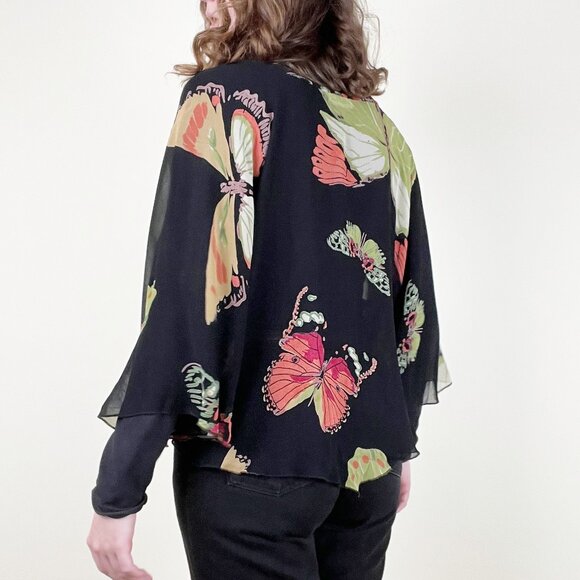 Vintage 90s Y2K Silk Poncho Top Sheer Butterfly Print Whimsical Blouse Tunic 00s - Picture 3 of 6